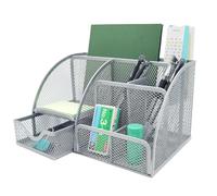 PYJLBX Organizador de escritorio, soporte de malla de metal plateado para bolígrafos y almacenamiento de papelería, organizador de escritorio multiusos con cajón para oficina, hogar y escuela