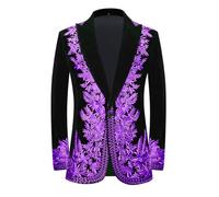 PYJTRL Chaqueta Deportiva de Terciopelo Negro para Hombres, Chaqueta Delgada Bordada con Plantas de Flores y Ramas, Adecuada para Celebraciones de Bodas，Purple,L