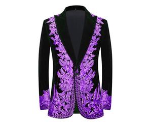PYJTRL Chaqueta Deportiva de Terciopelo Negro para Hombres, Chaqueta Delgada Bordada con Plantas de Flores y Ramas, Adecuada para Celebraciones de Bodas，Purple,L