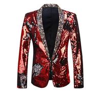 PYJTRL Hombres Elegante Dos Colores conversión Brillante Lentejuelas Chaqueta Traje Chaqueta (3XL, Rojo Y Negro.)