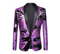 PYJTRL Hombres Elegante Dos Colores conversión Brillante Lentejuelas Chaqueta Traje Chaqueta (L, Morado Y Negro.)