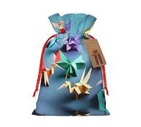 Pyjwyfmy Bolsas de regalo de Navidad con estampado de grúas de papel multicolor de origami, bolsa de regalo de Papá Noel, bolsas de regalo de lona de Navidad con cordones, bolsa de regalo