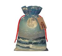 Pyjwyfmy Bolsas de regalo de Navidad con estampado de luna y mar, bolsa de regalo de Papá Noel, bolsas de regalo de lona de Navidad con cordones, bolsa de regalo