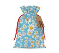 Pyjwyfmy Bolsas de regalo de Navidad con estampado de margaritas blancas en fondo azul claro, bolsa de regalo de Papá Noel, bolsas de regalo de lona de Navidad con cordones, bolsa de regalo