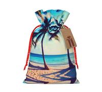Pyjwyfmy Bolsas de regalo de Navidad con estampado de palmeras de playa, bolsa de regalo de Papá Noel, bolsas de regalo de lona de Navidad con cordones, bolsa de regalo