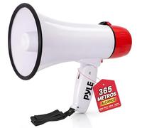 Pyle 20W Megaphone Bullhorn - Portable, Automatic Siren & Adjustable Volume,Projection Range Up to 400 Square Yards, Aux Input, Talk, Siren, Music, Whistle, & Record, Shoulder Strap (White-Red)
