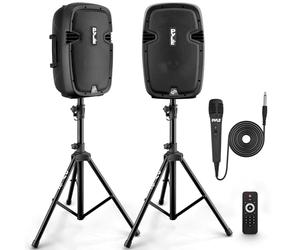 Pyle Altavoz autoamplificado Bluetooth, 8”, PA, Profesional, 700W, Activo, Pasivo, Exteriores, USB/SD/MP3 aux, Pack de 2, Tripodes, Karaoke, Microfono, Control Remoto, Color Negro
