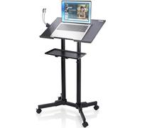 Pyle Atril Podio Ajustable en Altura con Ruedas de Acero y Freno, Mesa de Pie Movil con Estantes Superior e Inferior, Soporte para Presentaciones, con Luz LED, Portatil para Aulas y Conferencias