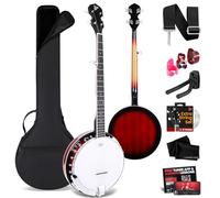 Pyle Banjo resonador de 5 cuerdas, soporte de tamaño completo 24, instrumento profesional con tambor Remo y parte trasera de madera dura, kit completo de iniciación para principiantes, afinador