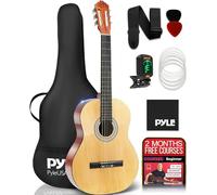 Pyle Kit de guitarra acústica clásica para zurdos, instrumento de madera de tamaño junior 3/4 para niños principiantes, adultos, 36 pulgadas, brillo natural
