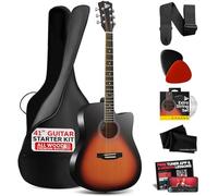 Pyle Kit de guitarra acústica de cuerda de acero, 4/4 de tamaño completo, guitarra acústica de madera con juego de accesorios premium y bolsa de concierto mejorada, lágrima Sunburst de 41 pulgadas