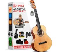 Pyle Kit de guitarra acústica para principiantes de 6 cuerdas, instrumento de madera de 1/2 tamaño junior para niños, adultos, 34 pulgadas de brillo natural, izquierda, (PGACLS40.5)