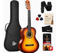 Pyle Set de Guitarra Acústica para Principiantes, Instrumento de Madera Sólida de Tamaño Completo 4/4 para Adultos y Principiantes, 39" Brillante Marrón
