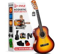 Pyle Kit de guitarra acústica para principiantes, instrumento de madera de tamaño completo 4/4 para principiantes, adultos, 39 pulgadas, marrón brillante