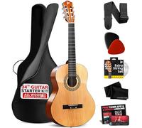 Pyle Kit de guitarra acústica para principiantes, instrumento de madera de tamaño junior de 1/2 con kit completo de accesorios, púas, correa de hombro, funda de transporte, paño de limpieza