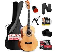 Pyle Kit de guitarra acústica para zurdos, tamaño junior 3/4, instrumento de cuerda de nailon con cejilla, correa, juego de cuerdas extra, bolsa de concierto, guitarras para principiantes, adultos y