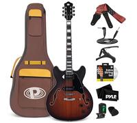 Pyle kit de guitarra electrica de cuerpo semihueco, Tamaño completo, 41.8”, Kit de instrumentos de jazz con funda, Acabado mate y Sunburst