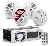 Pyle Kit Receptor de Radio Marino con Altavoces 12V, Estilo Single, DIN Compatible con Bluetooth, Impermeable, Digital, Microfono, Mando a Distancia, Arnes de Cableado