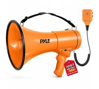 Pyle megafono, Altavoz, Portatil, 50V, Volumen ajustable, Sirena, Correa para el hombro, Entrada AUX, Compacto, Ideal para anuncios, Eventos, Deportes y mas