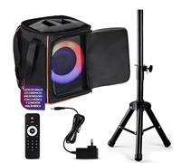 Pyle Portable Bluetooth Speaker with 8" Inch Woofer, TWS, Mic Input, USB/SD/FM Radio, Colorful Ring Lights, 120 W Rechargeable Battery, Tripod Stand & Speaker Bag, Hi-Fi Sound, Outdoor/Indoor Use