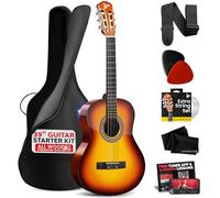 Pyle Set de Guitarra Acústica para Principiantes, Instrumento de Madera Sólida de Tamaño Completo 4/4 para Adultos y Principiantes, 39" Brillante Marrón