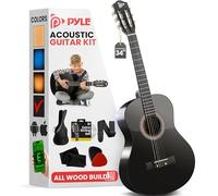 Pyle Set de Guitarra Acústica para Principiantes, Instrumento de Madera Sólida de Tamaño Junior 1/2 para Niños y Adultos, 34" Negro Mate