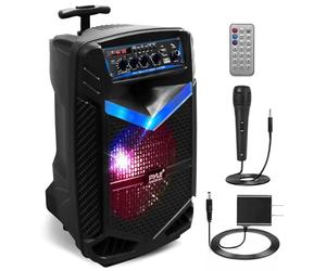 Pyle Sistema de Altavoces, PA, 400W, Bluetooth, portatil, Recargable, Exteriores, subwoofer de 8”, Tweeter de 1”, función de grabación, micrófono, Luces de Fiesta, Radio USB/SD, Color Negro