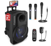 Pyle Sistema de altavoces PA portátil de 8 pulgadas, altavoz PA y karaoke de 280 vatios con dos micrófonos inalámbricos y 1 con cable, transmisión Bluetooth inalámbrica, luces intermitentes de fiesta,