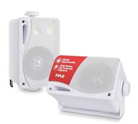 Pyle sistema de par de altavoces, 3 vias, Resistentes a la intemperie, Montaje de grado marino 3.5”/200V, Parrilla ABS resistente, Uso interiores, Exteriores, Hogar, Piscina, Barco, Patio, Blanco