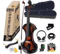 Pyle violin electrico, Silencioso, De tamaño Completo 4/4, Estuche duro, Arco, Accesorios de ebano y afinador digital