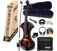 Pyle Kit de violín eléctrico y amplificador de tamaño completo, violín silencioso de madera maciza 4/4 con estuche duro, arco, accesorios de ébano y sintonizador digital