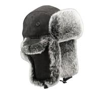 Pyrafox Lujoso sombrero bombardero de gamuza de piel sintética - Sombrero de invierno Ushanka con orejeras, Negro liso, Xl/XXL