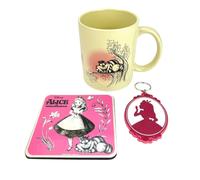 Pyramid International Juego de regalo de Alicia en el país de las maravillas con taza, posavasos y llavero en caja de regalo (diseño vintage) taza de cerámica de 325 ml - Producto oficial