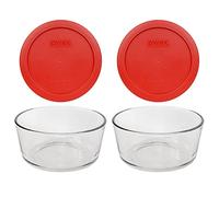 Pyrex (2 cuencos de vidrio 7201 de 4 tazas y (2) tapas rojas de amapola 7201 fabricadas en los Estados Unidos