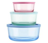 Pyrex Colors - Juego de 3 recipientes redondos de vidrio tintado para almacenamiento de alimentos, tapas de plástico no tóxico sin BPA, apto para congelador, lavavajillas, microondas, 2 tazas, 4 tazas