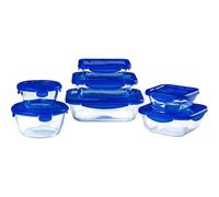 Pyrex Cook & Go Set De 7 Recipientes De Vidrio Borosilicato Con Tapas Herméticas Azules A Prueba De Fugas, Apto Horno Sin Tapa, Microondas Sin Tapa, Congelador Y Lavavajillas