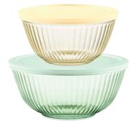 Pyrex Cuencos para mezclar de vidrio esculpidos tintados de 4 piezas, pequeños/medianos con tapas, juego de tazones que ahorran espacio para preparar y hornear, 1.3 cuartos y 2.3 cuartos de galón