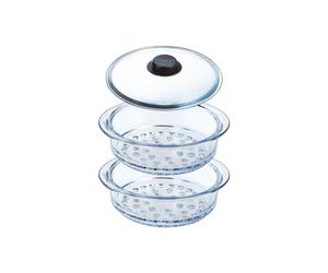 Pyrex - Doble Cesta de Vapor de 20 cm Con Tapa y Perilla - Cocción Al Vapor - Vidrio de Borosilicato - Fabricado en Francia (2 Cestas), ALB238-LOG