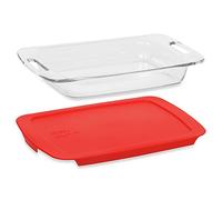 Pyrex Easy Grab - Plato rectangular de vidrio de 3 cuartos con cubierta de plástico rojo
