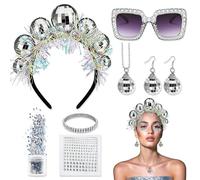 PYSEOSISE 7 Piezas Disfraz de Bola de Discoteca, Diadema de Bola de Discoteca, Accesorios de Discoteca con Pendientes Collar Gafas Pulsera Purpurina y Pegatinas para Mascarada Fiesta