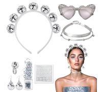 PYSEOSISE 7 Piezas Disfraz de Bola de Discoteca, Diadema de Bola de Discoteca para Mujer, Disco Accesorios con Diadema Pendientes Anillo Collar Gafas y Purpurina para Carnaval Fiesta