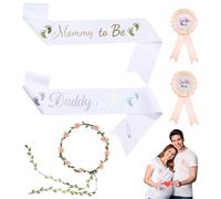 PYSEOSISE Bandas para Baby Shower, 5 Piezas Set de Bandas para Fiesta, Banda Mommy To Be Daddy To Be Con Insignia y Diadema Corona Floral para Decoración de Baby Shower
