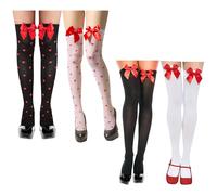PYSEOSISE Calcetines Altos San Valentín, 4 Pares Calcetines Hasta la Rodilla con Lazo y Corazones, Calcetine Thigh High Accesorios de Disfraz de Cupido para Mujer 32-38