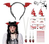 PYSEOSISE Diadema de Murciélago, Diadema Halloween Mujer, Diademas Murcielago y Horquillas de Murciélagos con Collar y Tatuajes Temporales para Carnaval Cosplay Fiesta