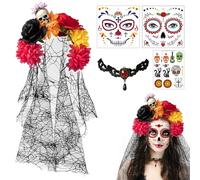 PYSEOSISE Diadema Flores Mexicana, Diadema Día de los Muertos de Velo, Tocado Mexicano de Halloween con Collar y Tatuajes Temporales para Mujer Carnaval Cosplay Fiesta de Máscaras