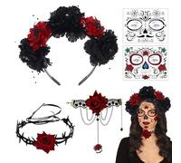 PYSEOSISE Diadema Flores Mexicana, Diadema Día de los Muertos, Diademas de Flores con Collar Pulsera de Rosas y Tatuajes Temporales para Mujer Carnaval Cosplay Fiesta de Máscaras