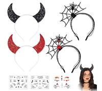 PYSEOSISE Diadema Halloween, 4 Piezas Diademas de Halloween con Tatuajes Temporales, Diadema de Araña Diademas de Cuernos de Diablo para Mujer Carnaval Cosplay Fiesta de Máscaras