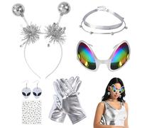PYSEOSISE Disfraz Alienígena para Mujer, 6 Piezas Accesorios Alienígena, Diadema Alienígena con Collar Pendientes Gafas Guantes y Pegatinas con Strass para Carnaval Fiesta de Máscaras