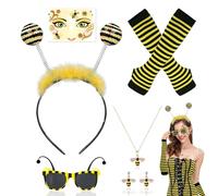 PYSEOSISE Disfraz de Abeja para Mujer, 6 Piezas Disfraz Abeja para Adultos, Abeja Costume de Accesorios con Diadema de Abeja Gafas Collar Pendientes Guantes y Tatuaje Facial para Fiesta