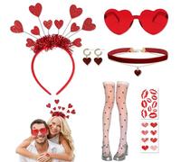 PYSEOSISE Disfraz de Cupido Mujer, 7 Piezas Accesorios Cariñoso de Cupido, Diadema de Corazón Rojo Gafas Calcetines Collar y Pendientes para San Valentín Carnaval
